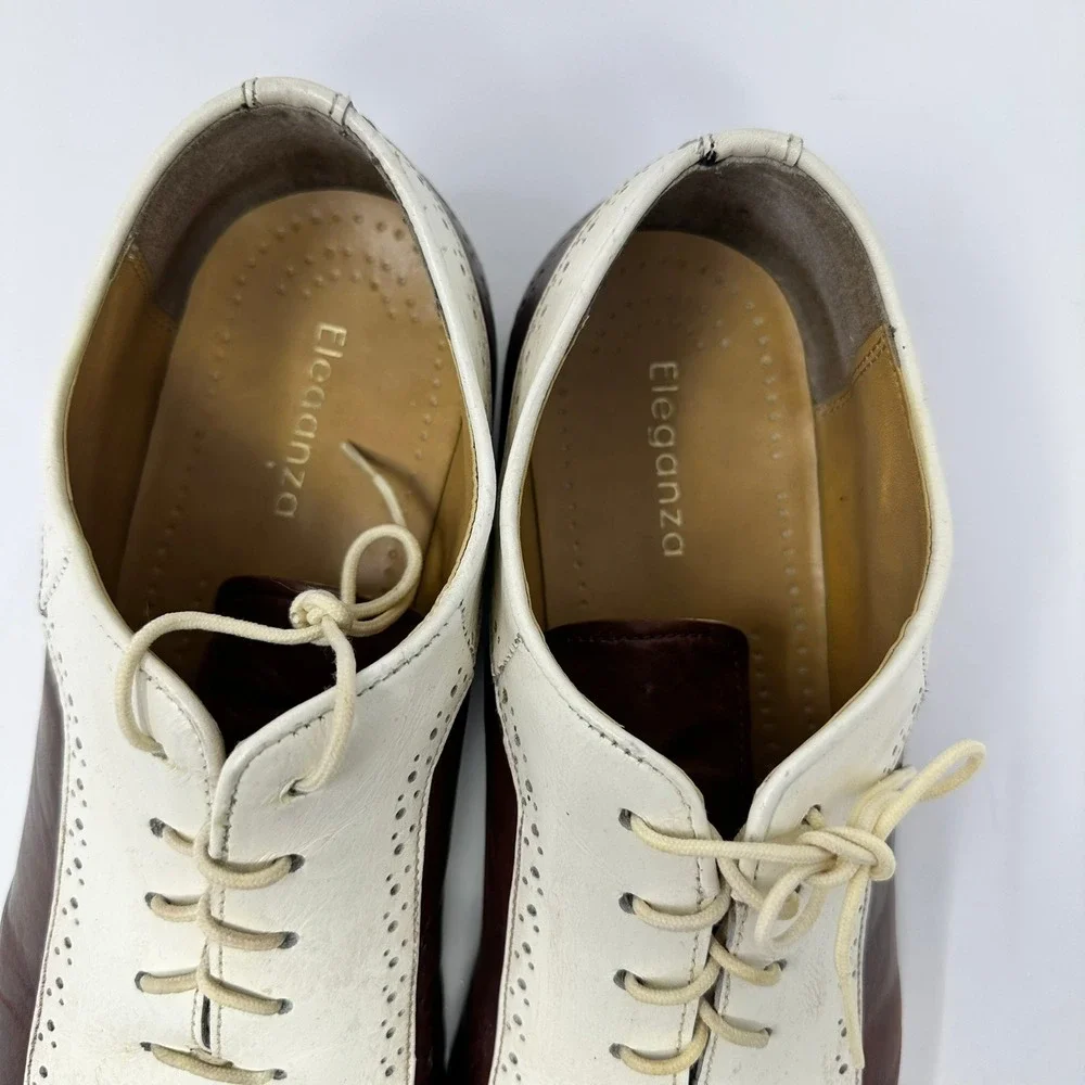 Eleganza Mens 13 Spectator Shoes Brown White Leather Two Tone Oxfords EZ1504